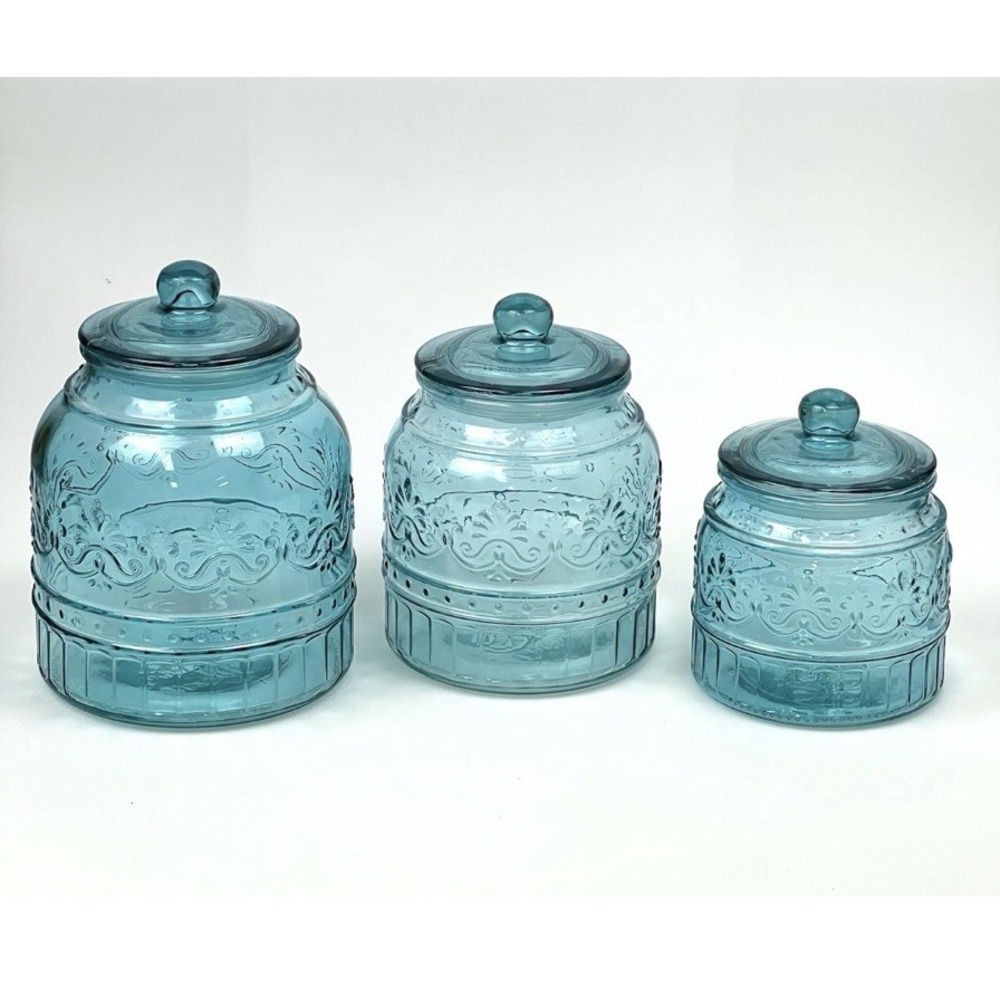 The Pioneer Woman Cassie Teal Embossed Glass Canister Set 3 Pc w/ Lids